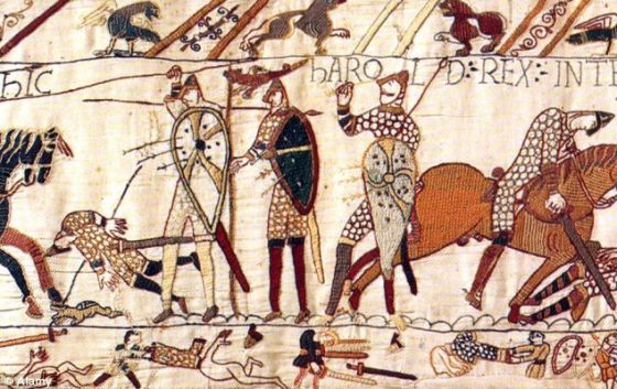 巴约挂毯里的哈雷彗星的特征以及黑斯廷斯战役，巴约挂毯是为纪念1066年诺曼底人入侵英格兰编织的